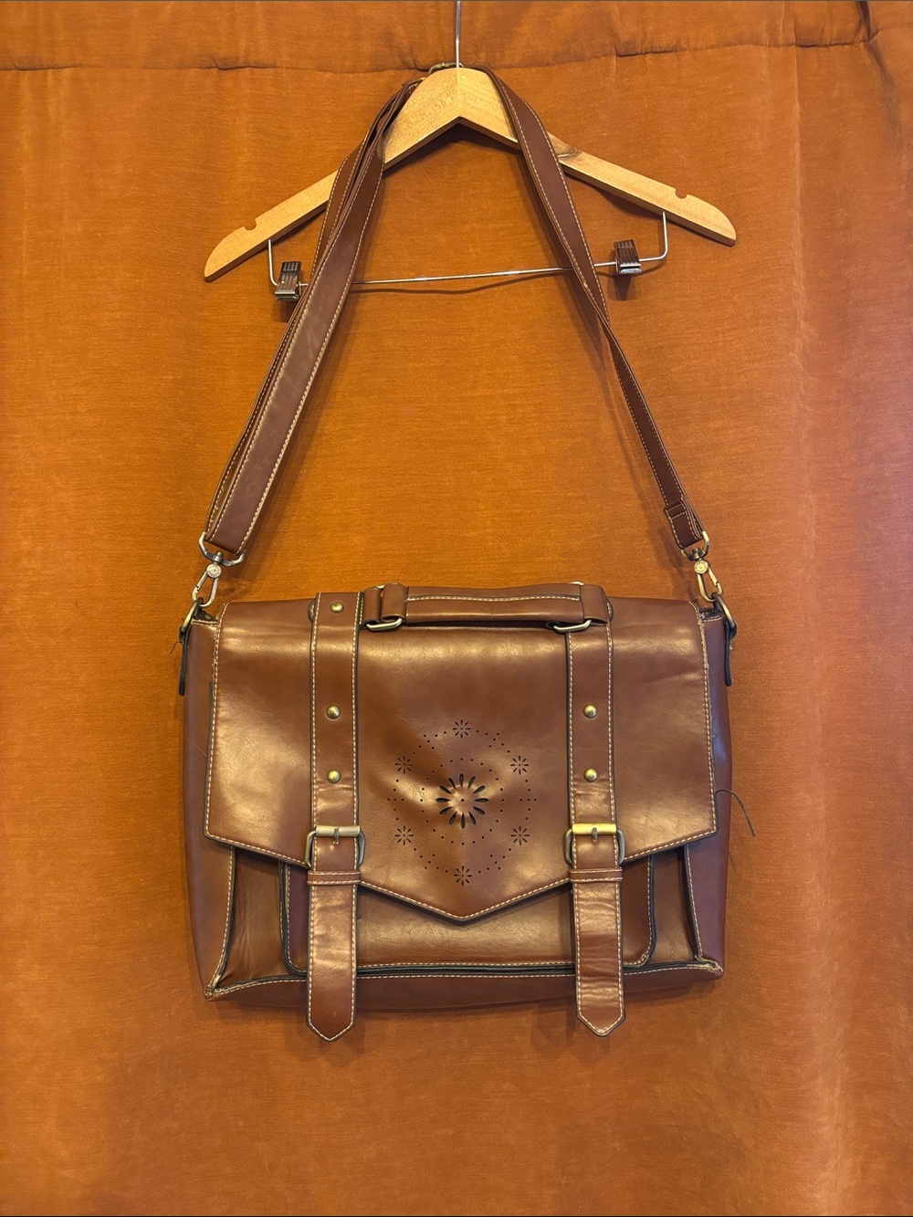 Womens Brown Leather Messenger Bag with Floral Cutout Detail